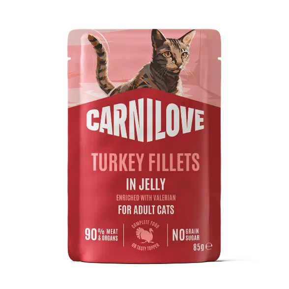 Pouch-Front-Cat-Turkey-Jelly Carnilove (Карнілав) Turkey With Valerian – вологий корм з індичкою та валеріаною в желе для дорослих котів Pouch Front Cat Turkey Jelly